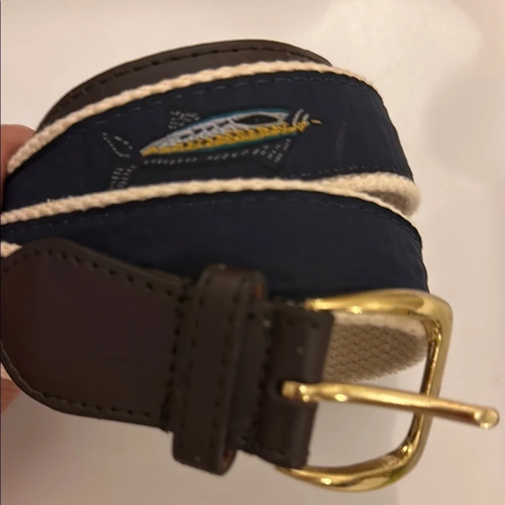 Navy and Brown Fish Theme Belt with Gold Buckle